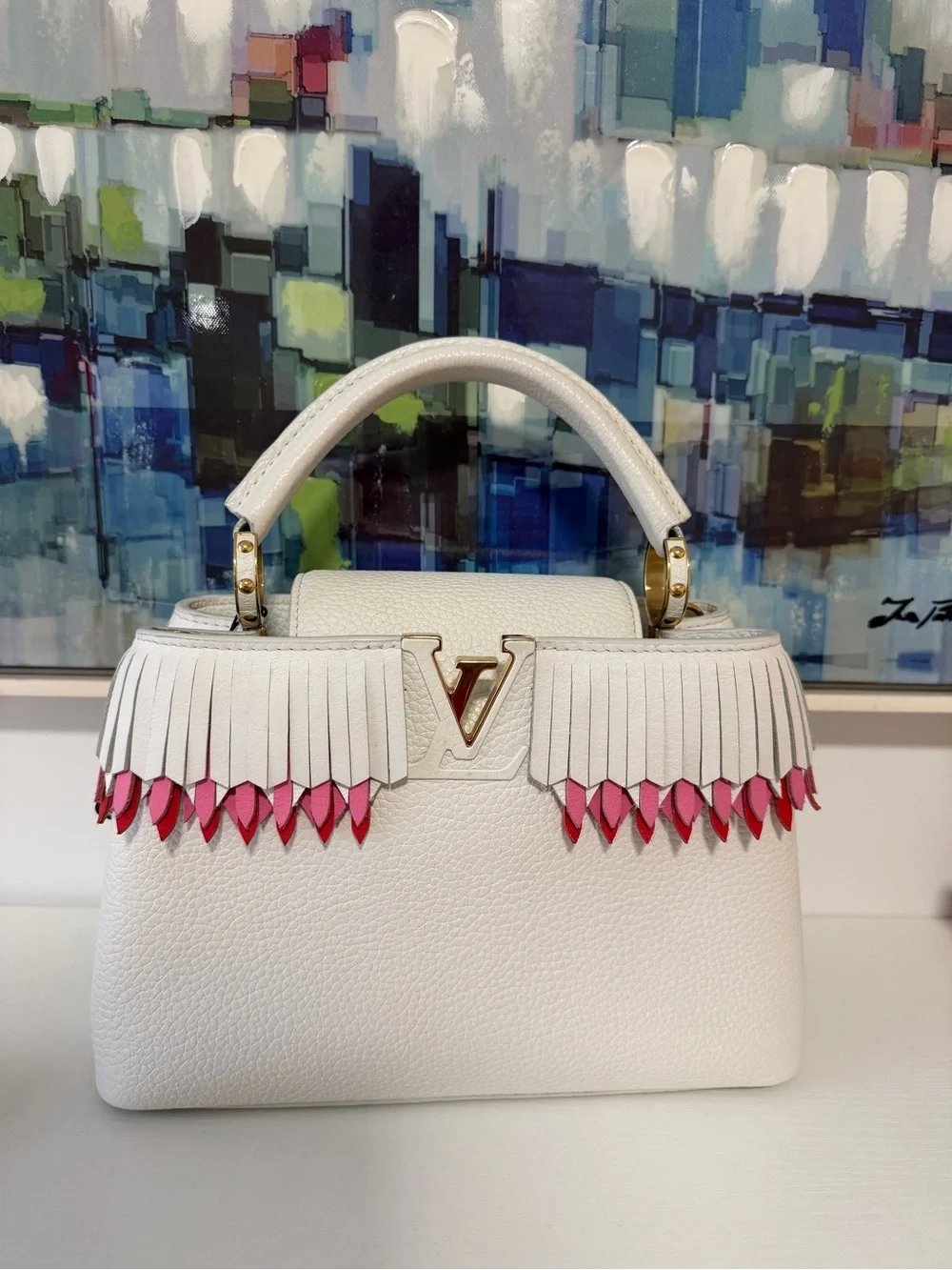 Limited Edition Louis Vuitton White Capucine with Pink Fringe and Gold Hardware